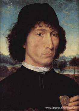 Portret van een man die een muntstuk van keizer Nero vasthoudt