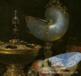 Stilleven met Holbein-schaal, Nautilus-beker, glazen beker en fr