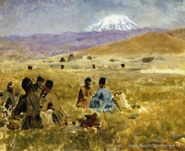 Perzen lunchen op het gras, de berg Ararat in de verte