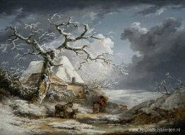 Winterlandschap met boeren en ezels