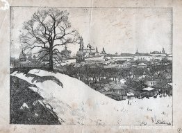 Sergiev Posad. Gezicht op het klooster met eik