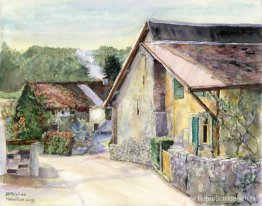 Oude boerderij in het Zwitserse dorp Saint-Triphon, aquarelkunst