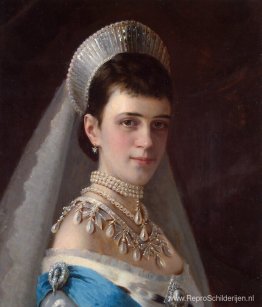 Portret van keizerin Maria Fiodorovna in een hoofdtooi versierd