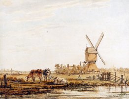 Landschap met molen en vee