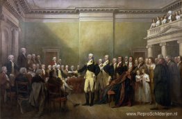 Generaal George Washington legt zijn commissie neer