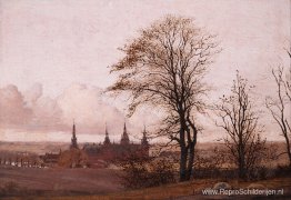 Herfstlandschap, kasteel Frederiksborg op de middellange afstand