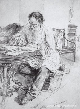 Leo Tolstoj aan het werk aan de ronde tafel