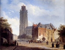 Een kathedraal op een stadsplein in de zomer