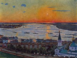 De zonsondergang aan de Wolga. Nizjni Novgorod