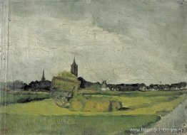 Landschap met hooiwagen, kerktorens en windmolen