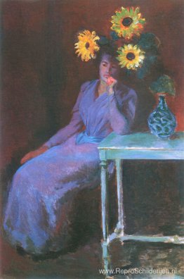 Portret van Suzanne Hoschede met zonnebloemen