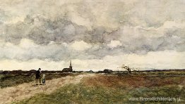 Cijfers over een landweg, een kerk in de verte