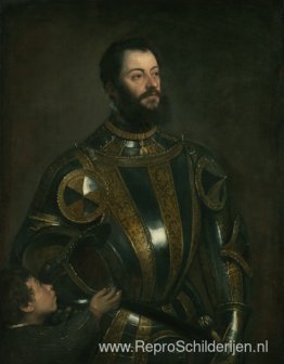 Portret van Alfonso d`Avalos, in harnas met een pagina