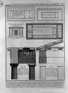 Plan, hoogte en details van Dorische tempels in Griekenland (van