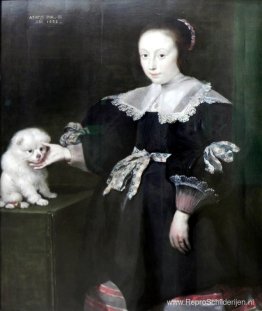 Portret van een elfjarig meisje met een hond, gekleed in Spaanse