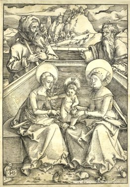 De Heilige Familie met Sint-Anna en Sint-Joachim Gravure sur boi