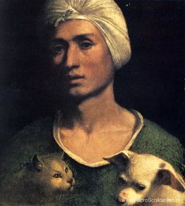 Portret van een jonge man met een hond en een kat