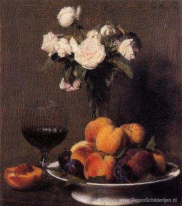 Stilleven met rozen, fruit en een glas wijn