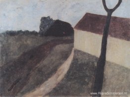 Schemeringlandschap met huis en vork