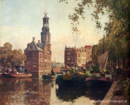 De Bloemenmarkt aan de Singel, Amsterdam, met daarachter de Munt