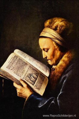 Portret van een oude vrouw die leest