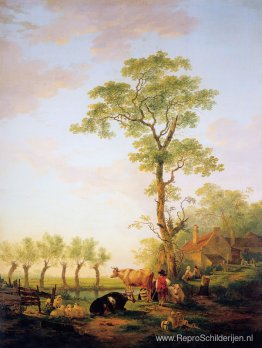 Nederlands landschap met vee en boerderij