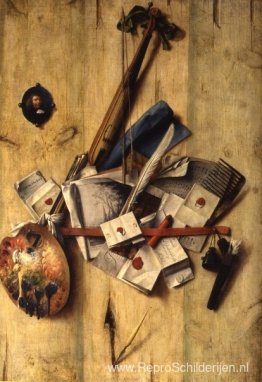 Trompe l'oeil met viool, schildersgerei en zelfportret