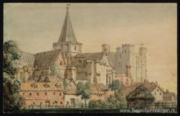 Kathedraal van Rochester vanuit het noordoosten, met het kasteel