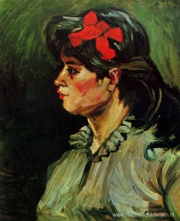 Portret van een vrouw met een rood lint