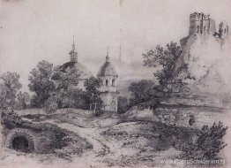 Landschap met kerk en de ruïnes