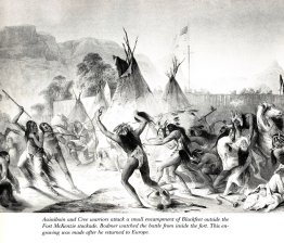 Assiniboin- en Cree-krijgers vallen Blackfeet aan