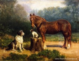 Paard en twee honden in een landschap