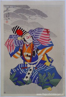 Ichikawa Danshiro als Sanbasô-danser in blauwe kimono