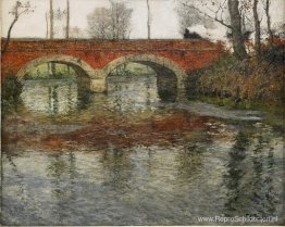 Frans rivierlandschap met stenen brug