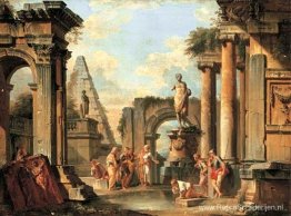 Een capriccio van klassieke ruïnes waarbij Diogenes zijn beker w