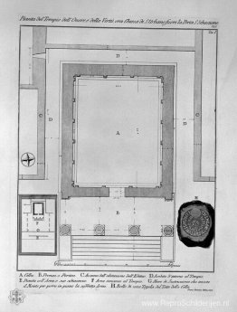 Plattegrond en aanzicht achterkant van de Tempel van de Sibille