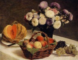 Bloemen en fruit, een meloen