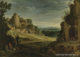 Landschap met een jachtgezelschap en Romeinse ruïnes