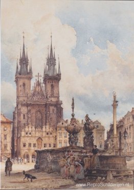 Uitzicht op het Oude Stadsplein met de kerk in Praag