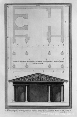 Plan en verhoging van de tweede tempel van Toscaanse Vitruvius