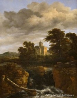 Landschap met waterval en kasteel