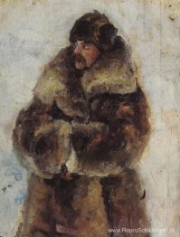 A. I. Surikov met bontjas. Studie naar "Het sneeuwstadje innemen