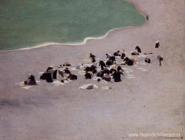 Wasvrouwen bij Etretat (vrouwen drogen wasgoed op het strand)