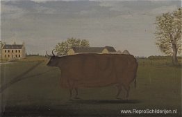 Schilderij van een prijskoe in een veld