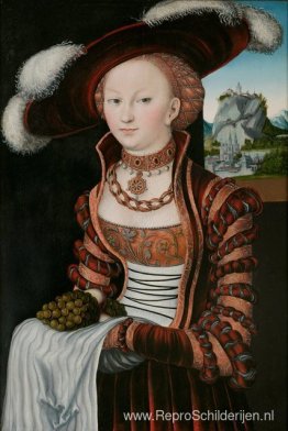 Portret van een jonge vrouw met druiven en appels