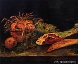 Stilleven met appels, vlees en een broodje