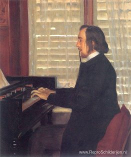 Portret van Eric Satie aan het harmonium