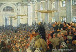 Eerste optreden van Lenin tijdens een bijeenkomst in het Smolny,