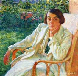 Elizabeth van Rysselberghe in een rieten stoel