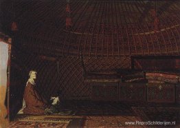 Het interieur van de yurt van rijke Kirgiziërs